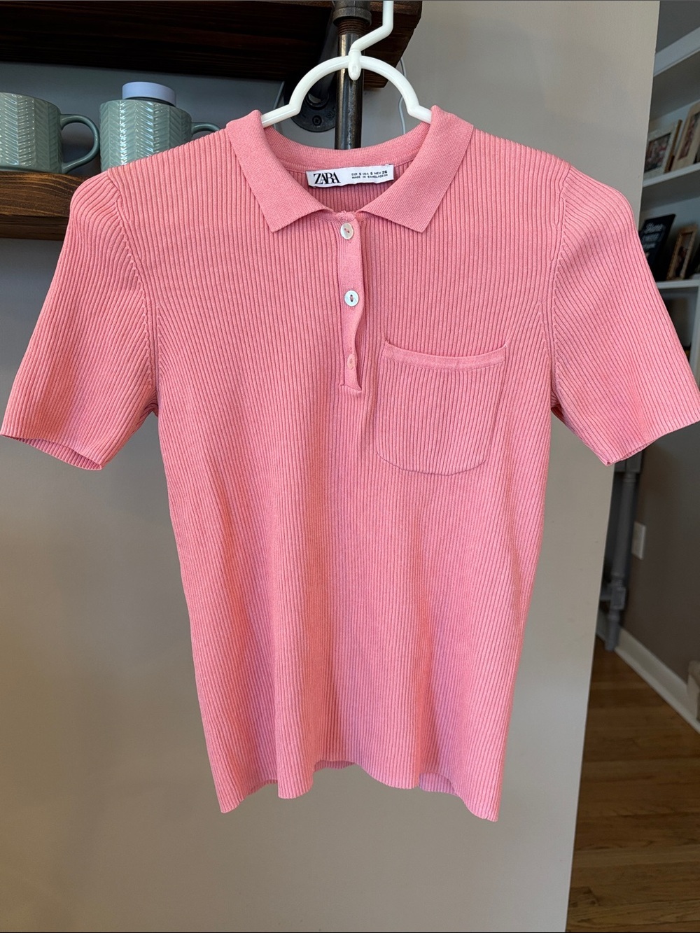 ZARA Ribbed Knit Polo Top Pink Short Sleeve Size Small